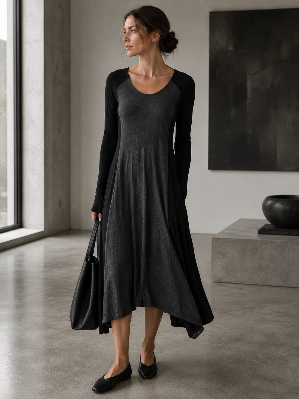 Eileen Fisher Black Jersey Knit Midi Dress XS Stretch Long Sleeve Minimalist